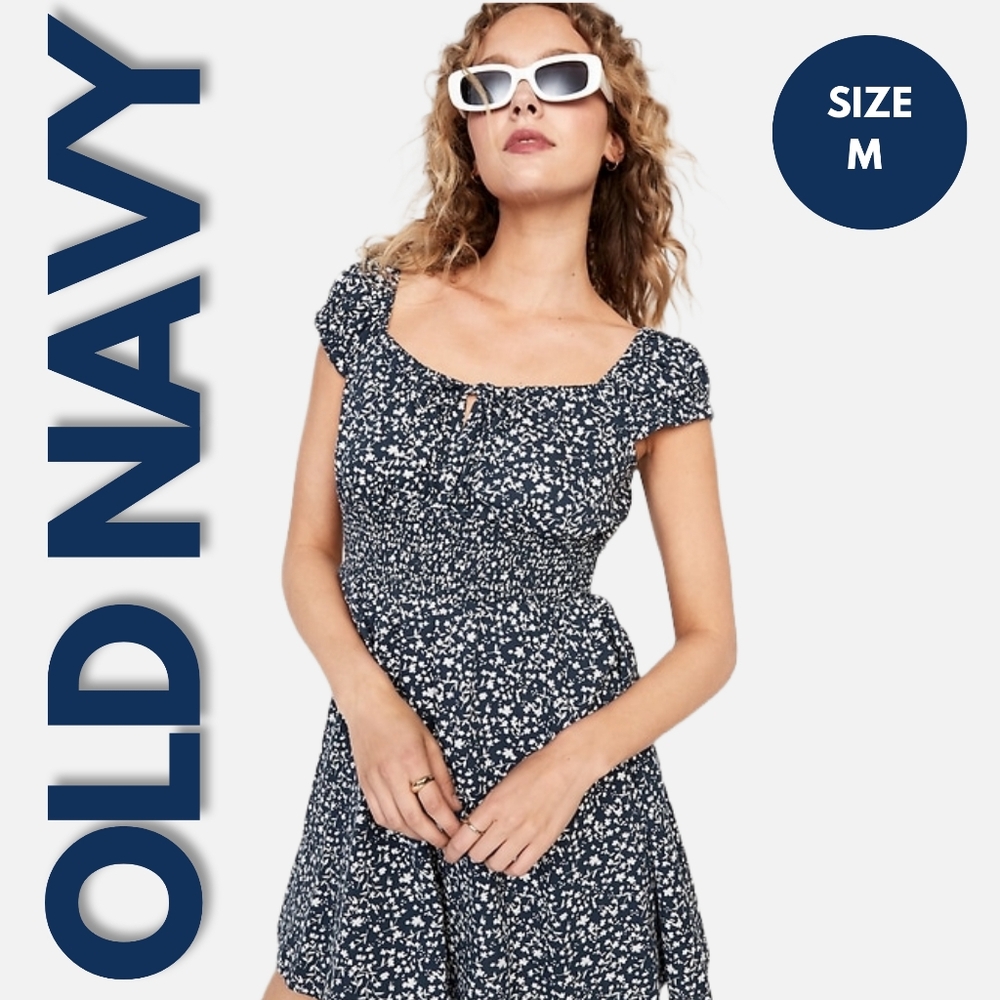 Old Navy Blue Floral Waist Defined Smocked Mini Dress Size M